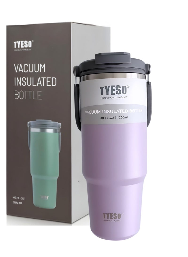 TYESO 1200ml Vacuum Insulated Tumbler 40oz Stainless Steel Travel Mug with Handle & Lid – Double Wall Thermal Water Bottle for Hot & Cold Drinks, Leakproof Large Capacity Cup – Purple - Image 1